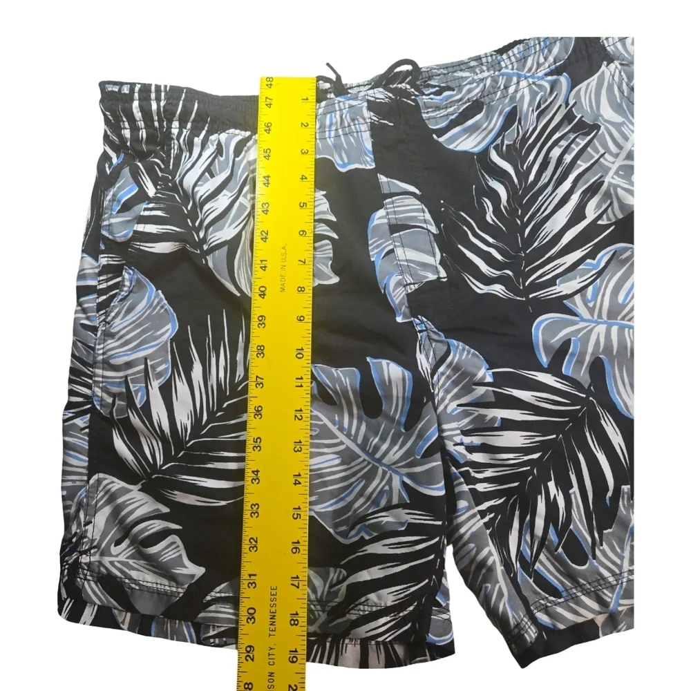 Men's Black and Blue Leaf Print Swim Shorts